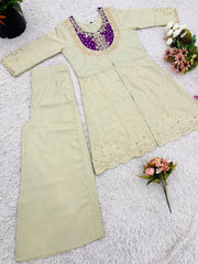 Elegant Shimmer Silk Cream With Purple Co-ord Set