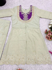 Elegant Shimmer Silk Cream With Purple Co-ord Set