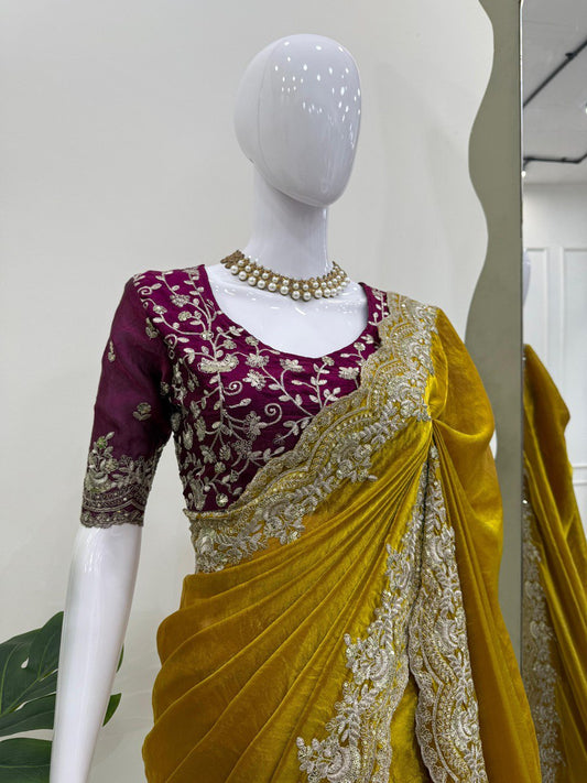 Sequence Work Mustard Color Silk Saree