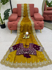 Sequence Work Mustard Color Silk Saree
