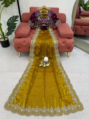 Sequence Work Mustard Color Silk Saree