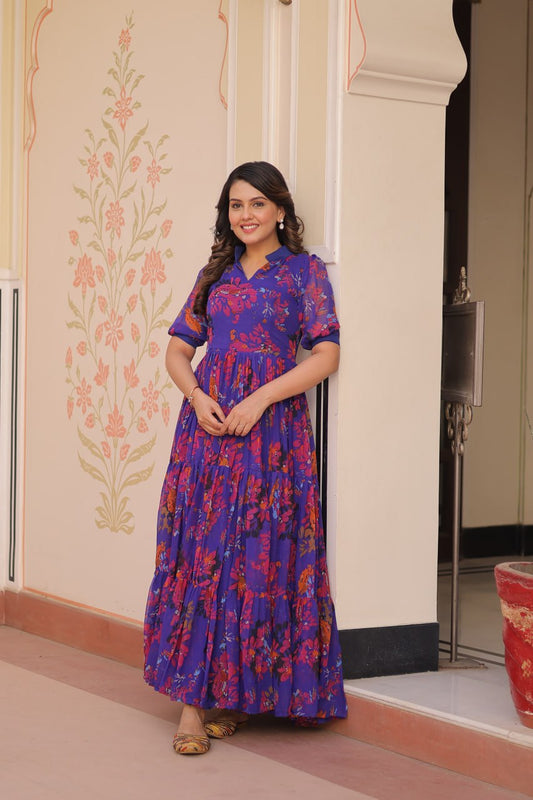 Flower Print V Neck Purple Color Gown