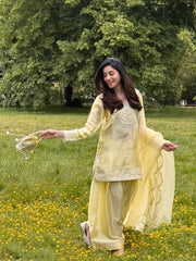 Punjabi Style Yellow Color Peal Moti Work Palazzo Suit