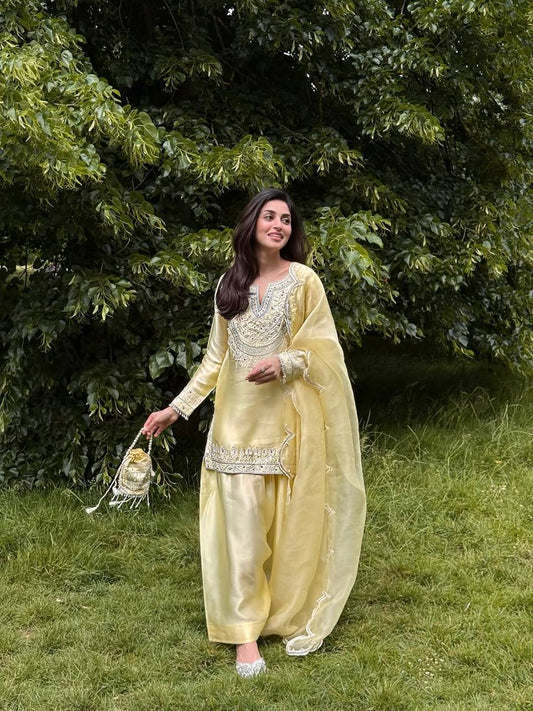 Punjabi Style Yellow Color Peal Moti Work Palazzo Suit
