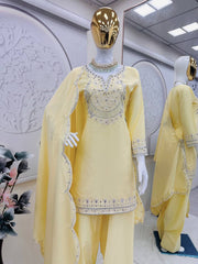 Punjabi Style Yellow Color Peal Moti Work Palazzo Suit