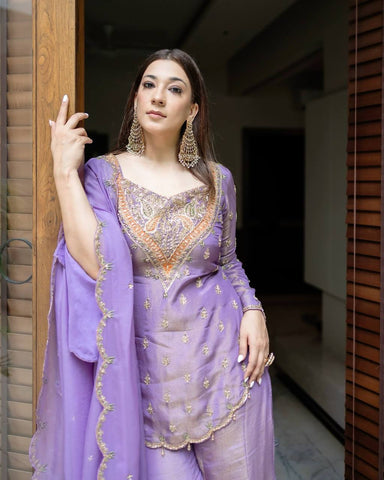 Attractive Party Wear Lavender Color Silk Palazzo Suit