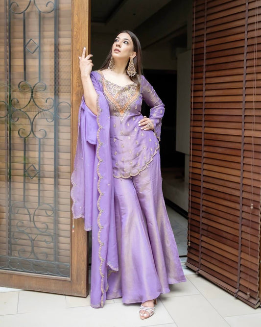 Attractive Party Wear Lavender Color Silk Palazzo Suit