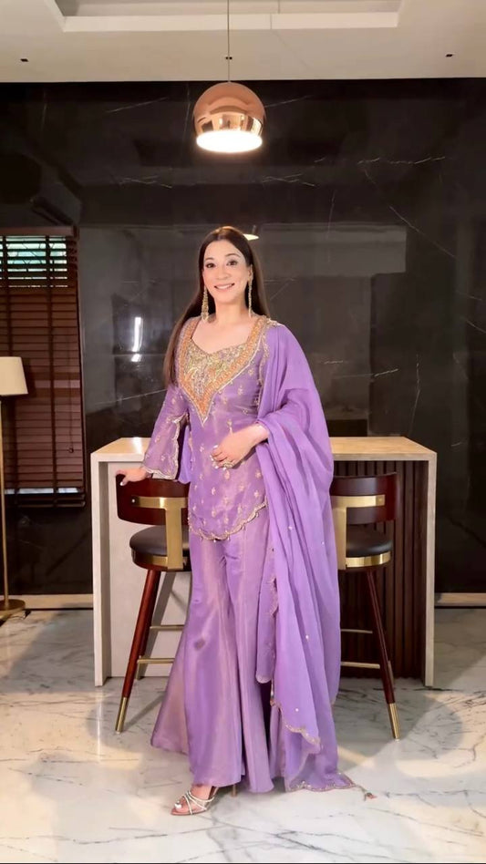 Attractive Party Wear Lavender Color Silk Palazzo Suit