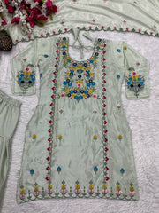 Stunning Embroidery Work Pista Color Dhoti Suit