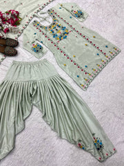 Stunning Embroidery Work Pista Color Dhoti Suit