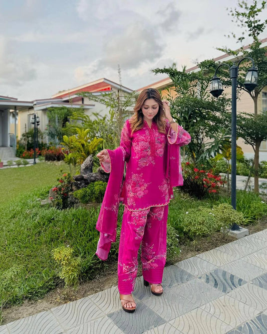 Beautiful Georgette Dark Pink Color Full Sleeve Palazzo Suit