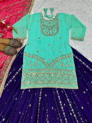 Demanding Georgette Rama Color Top With Navy Blue Lehenga
