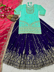 Demanding Georgette Rama Color Top With Navy Blue Lehenga