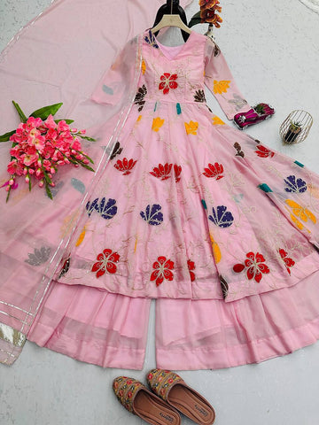 Lovely Floral Work Peach Color Gown With Sharara