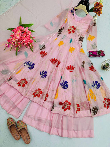 Lovely Floral Work Peach Color Gown With Sharara