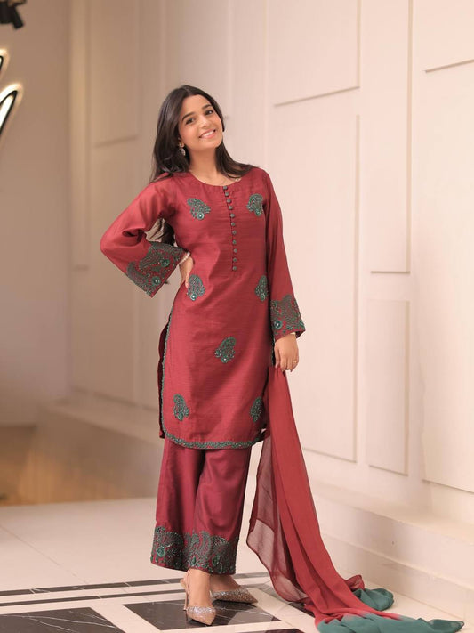 Maroon Color Embroidery Work Punjabi Style Palazzo Suit