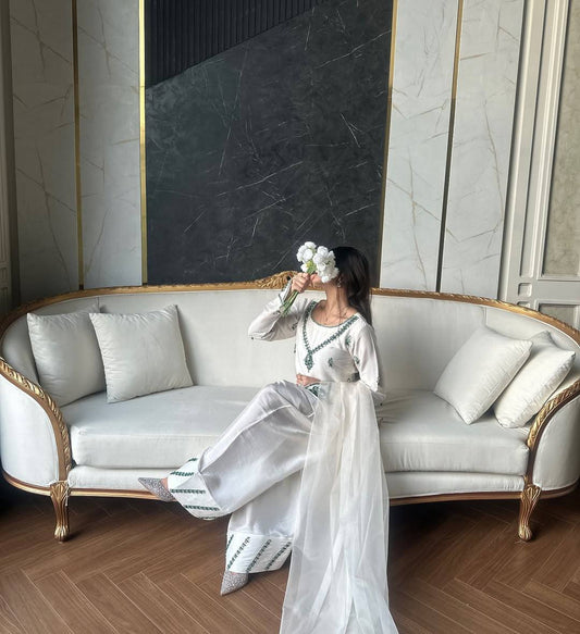 White Color Mirror Work Palazzo Suit