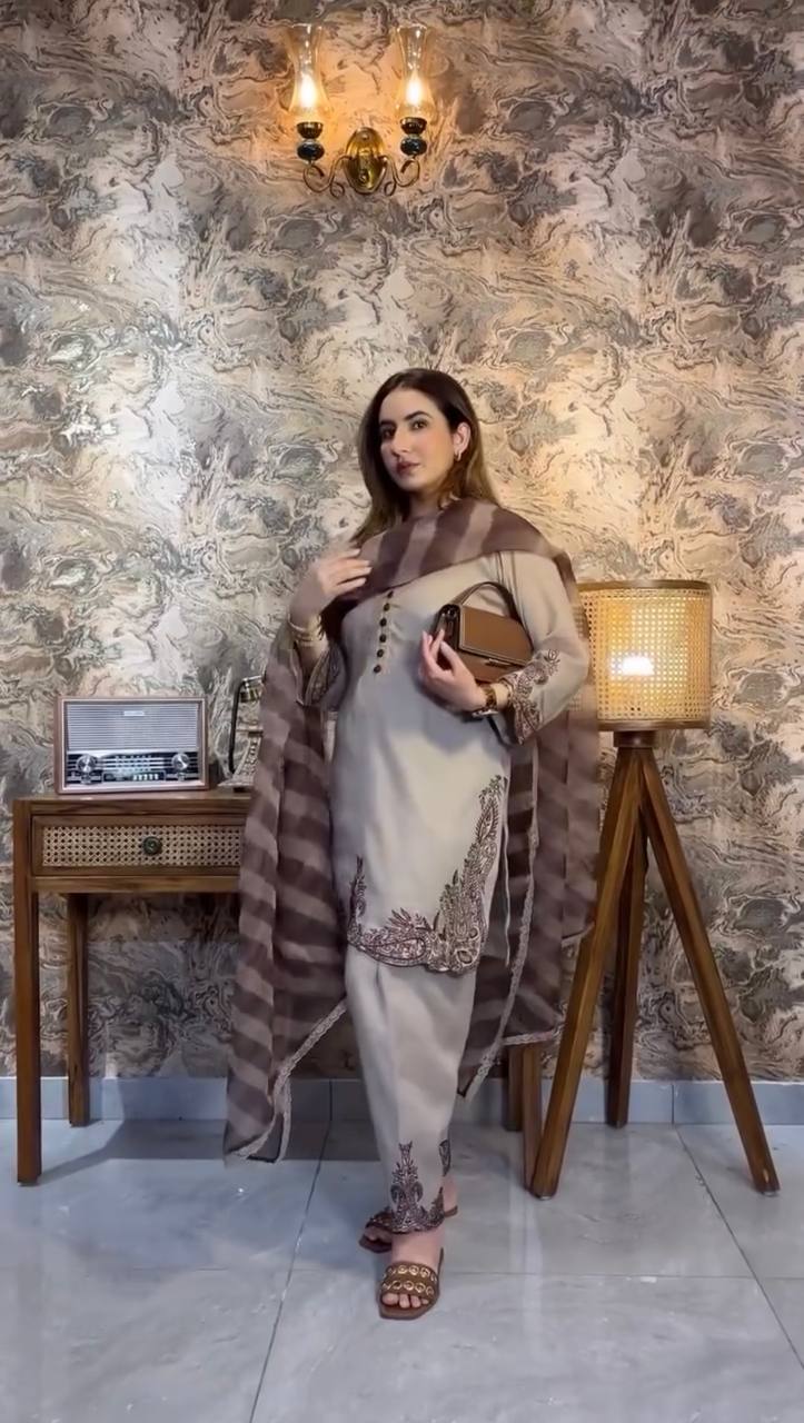 Gray Color Embroidery Work Straight Salwar Suit