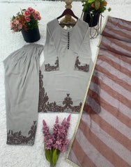 Gray Color Embroidery Work Straight Salwar Suit