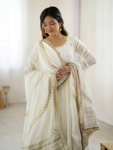 Function Wear Sequence Work White Color Anarkali Gown
