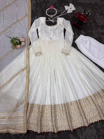 Function Wear Sequence Work White Color Anarkali Gown