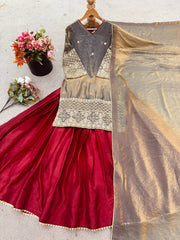 Attractive Beige Color Top With Red Lehenga