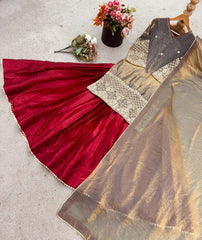 Attractive Beige Color Top With Red Lehenga