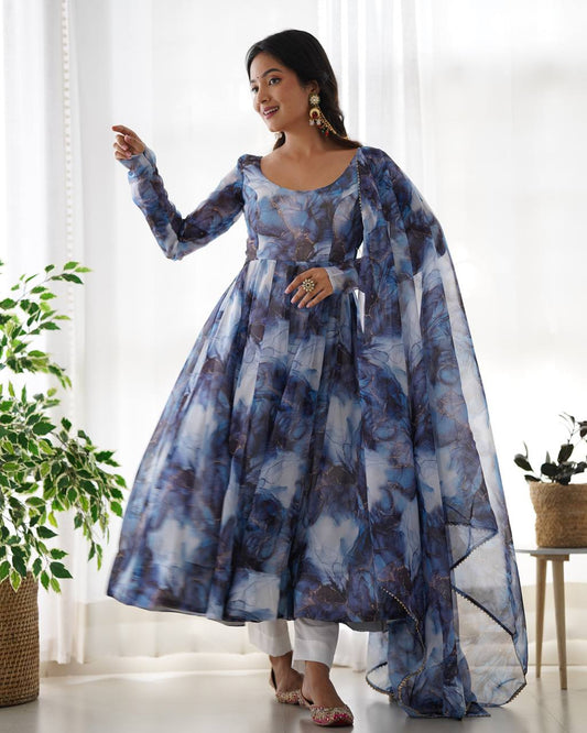 Navy Blue Color Organza Silk Anarkali Suit