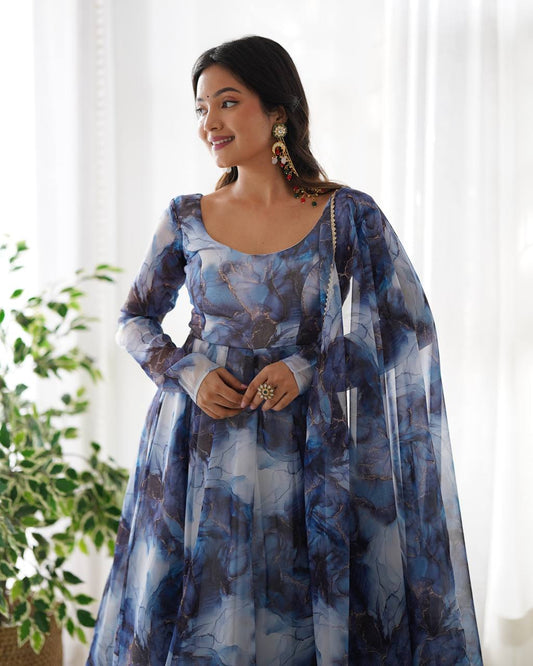 Navy Blue Color Organza Silk Anarkali Suit