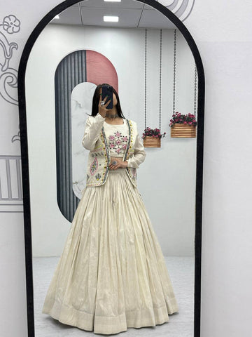 White Color Diamond Work Lehenga Choli Set With Koti