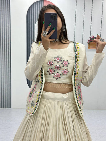 White Color Diamond Work Lehenga Choli Set With Koti