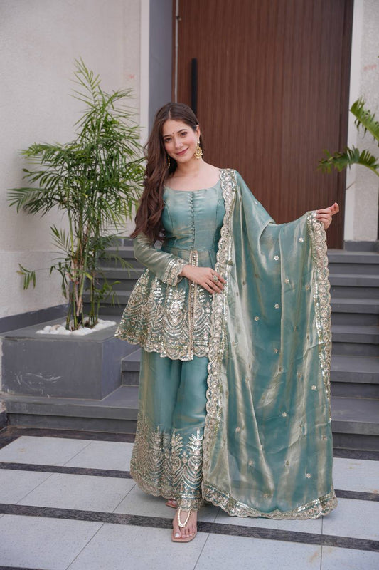 Fendy Silk Teal Green Gown With Sharara