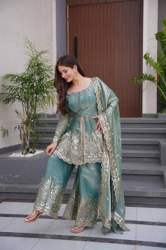 Fendy Silk Teal Green Gown With Sharara