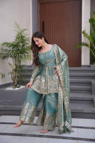 Fendy Silk Teal Green Gown With Sharara