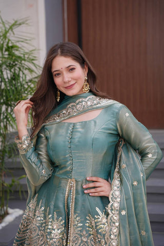 Fendy Silk Teal Green Gown With Sharara