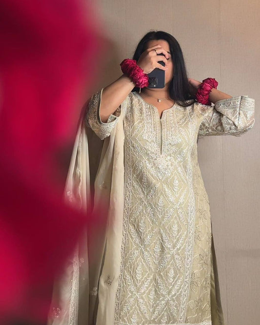 Elegant Off White Color Straight Suit Set