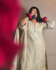 Elegant Off White Color Straight Suit Set