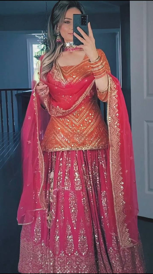 Designer Georgette Orange Top With Pink Lehenga