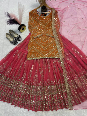 Designer Georgette Orange Top With Pink Lehenga