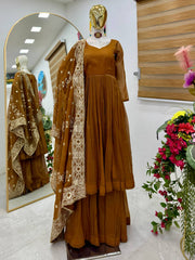 Rakhi Special Gold Crazy Brown Color Sharara Suit
