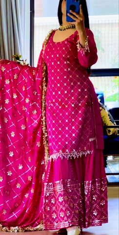 Delightful Pink Color Embroidery Work Sharara Suit