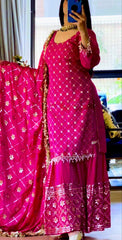 Delightful Pink Color Embroidery Work Sharara Suit