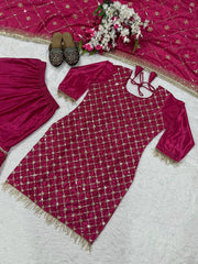 Delightful Pink Color Embroidery Work Sharara Suit