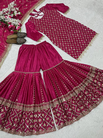 Delightful Pink Color Embroidery Work Sharara Suit