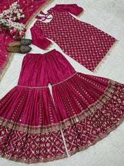 Delightful Pink Color Embroidery Work Sharara Suit