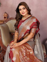 Gray Color Traditional Wear Kalamkari Silk Saree