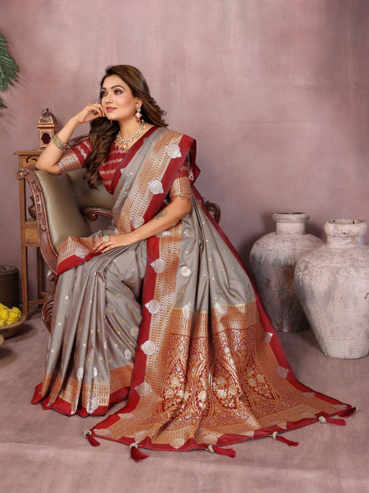 Gray Color Traditional Wear Kalamkari Silk Saree