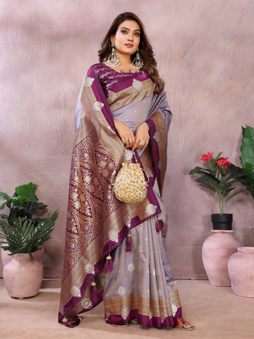 Lavender Color Traditional Wear Kalamkari Silk Saree