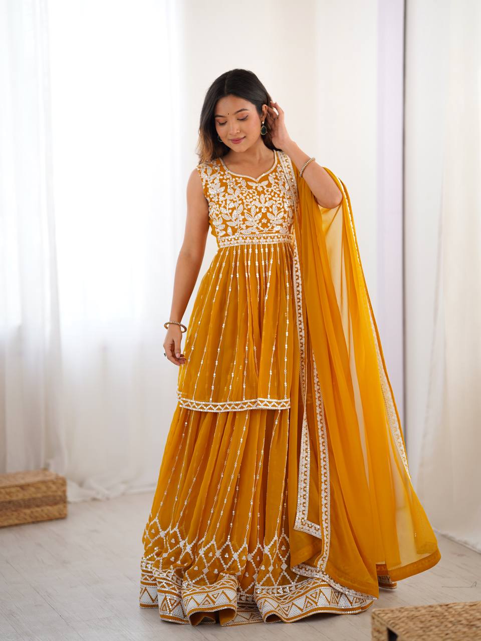 Adorable Heavy Work Yellow Color Top With Lehenga