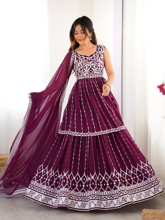 Adorable Heavy Work Wine Color Top With Lehenga